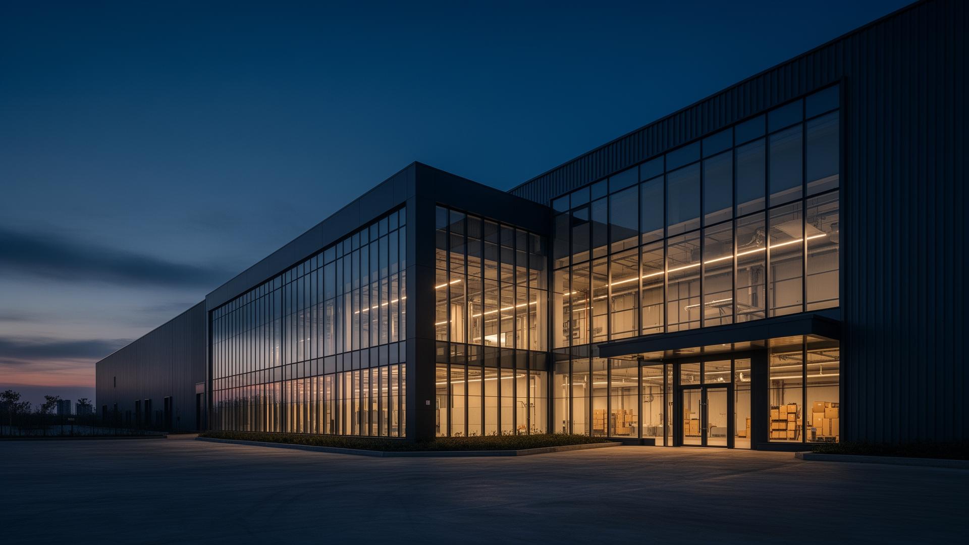 Modern factory exterior at dusk with glowing interior lights against a deep blue evening sky